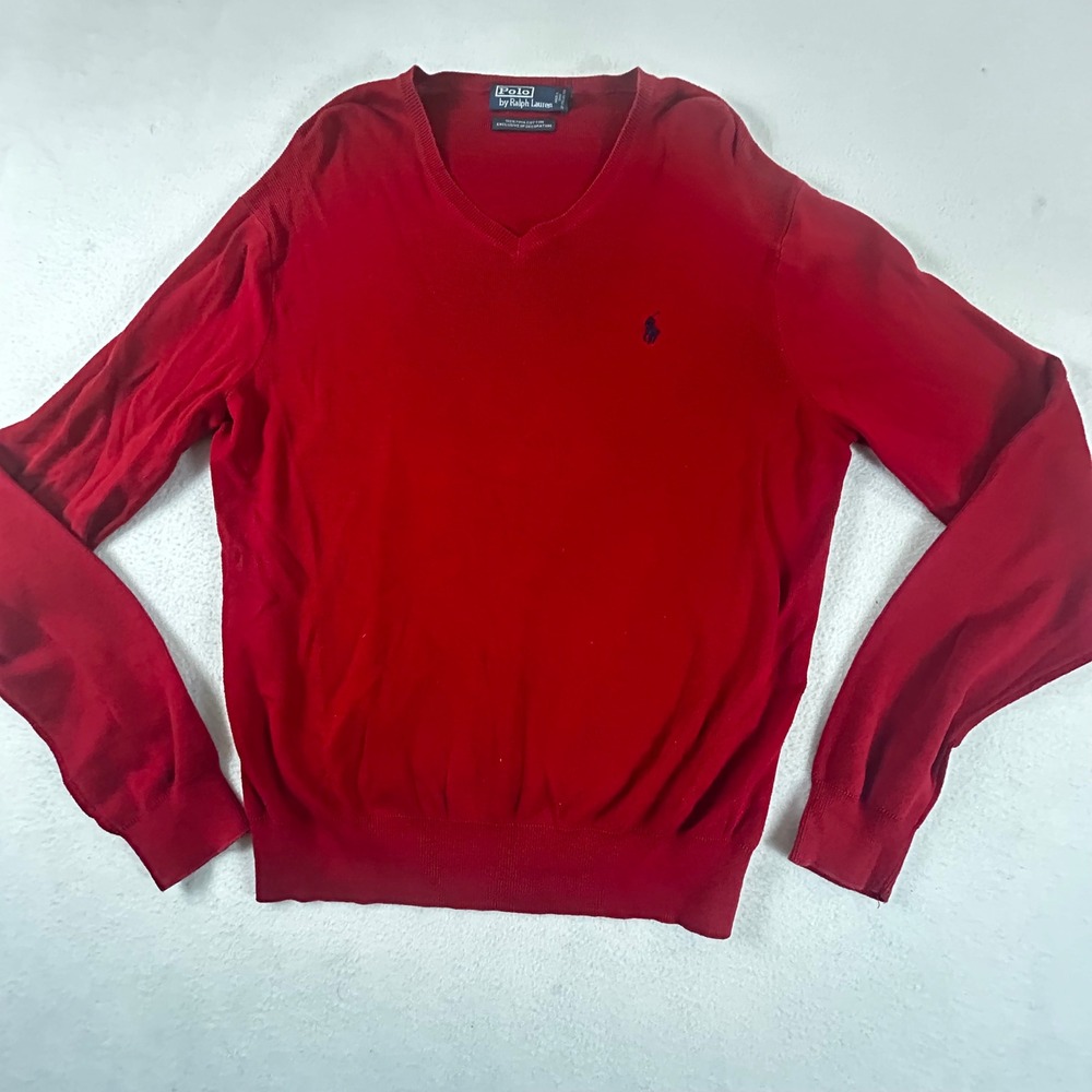 Polo Ralph Lauren Red V Neck Cotton Sweater‎ Men's Size L Long Sleeve